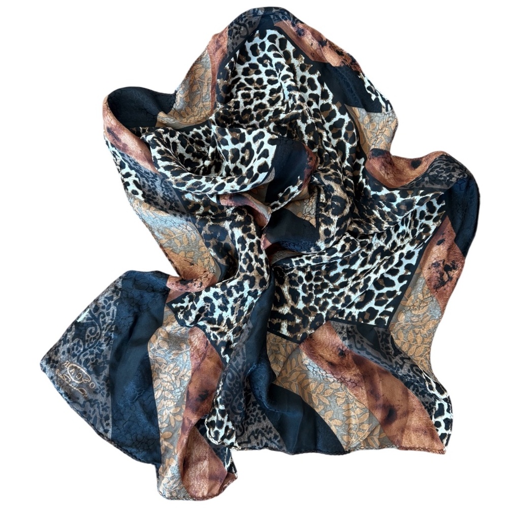 Oscar de la Renta Vintage Silk Scarf – Leopard Patchwork, Wear as Scarf or Tube